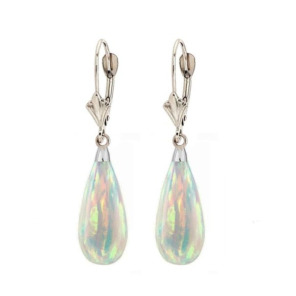 14K White Gold Teardrop White Fire Opal Leverback Dangle Earrings